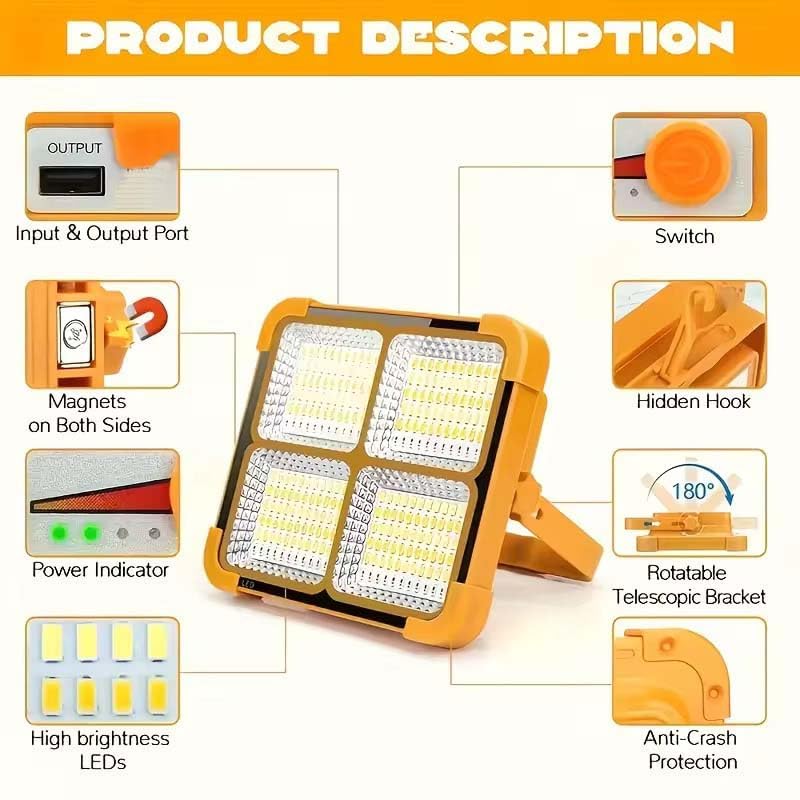 Portable LED Work Light, Rechargeable Solar Flood Light with Foldable Stand
