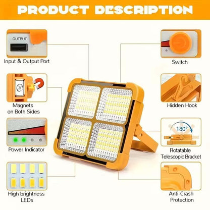 Portable LED Work Light, Rechargeable Solar Flood Light with Foldable Stand