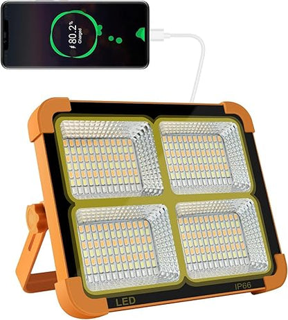 Portable LED Work Light, Rechargeable Solar Flood Light with Foldable Stand